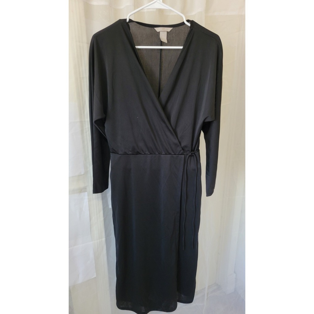 H&M Black Wrap Dress V-Neck Long Sleeve Tie Waist Midi  Sz M